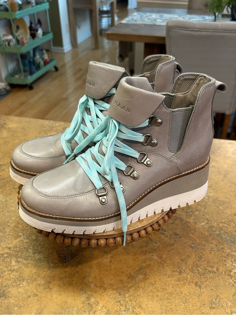 Cole Haan Gray Zero Gravity Wedge Lace-Up Boots with Aqua Laces